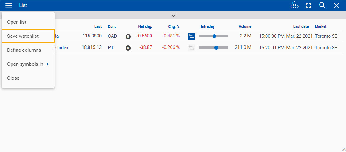 Saving a watchlist using the List widget menu. 